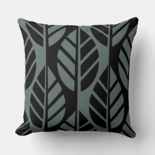 Modern Stylized Black Grey Leaves Pattern Throw Pillow