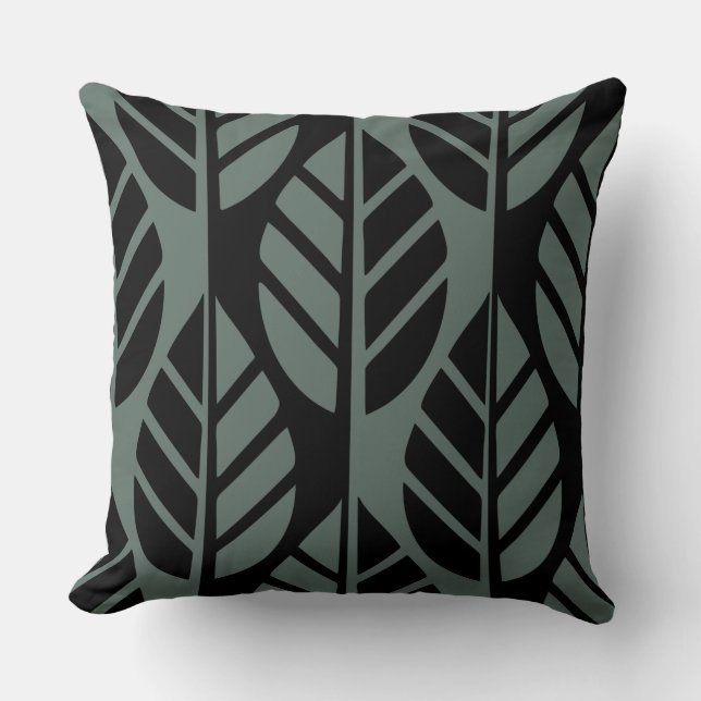 Modern Stylized Black Grey Leaves Pattern Throw Pillow (Front)