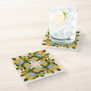 Modern Stylized Dandelion Butterflies Yellow Glass Coaster