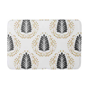 Modern Stylized Grey & Gold Damasks On White Bath Mat