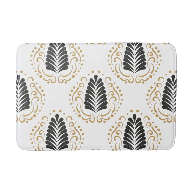 Modern Stylized Grey & Gold Damasks On White Bath Mat (Front)