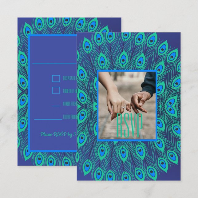 MODERN STYLIZED PEACOCK BIRD FEATHER PATTERN BLUE INVITATION (Front/Back)