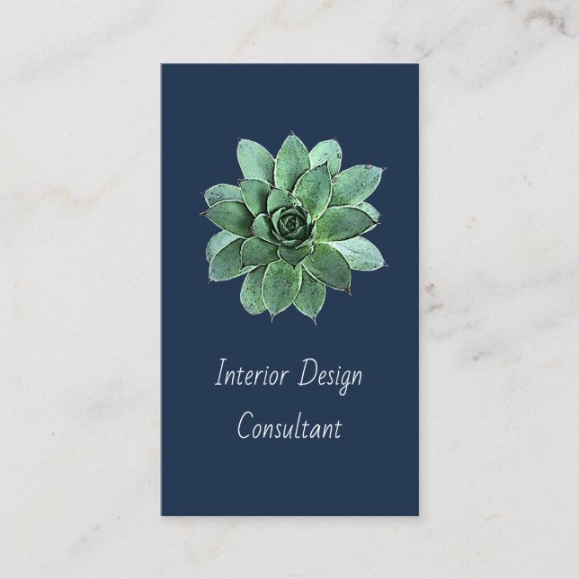 Modern Succulent Botanical Navy Blue QR code  Business Card (Front)