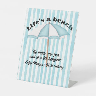 Modern Summer Beach Party Stripes 50th Birthday Pedestal Sign