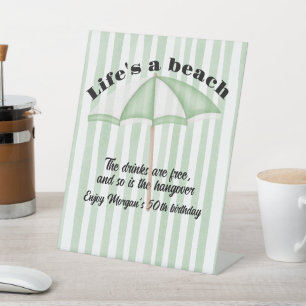 Modern Summer Beach Party Stripes 50th Birthday Pedestal Sign