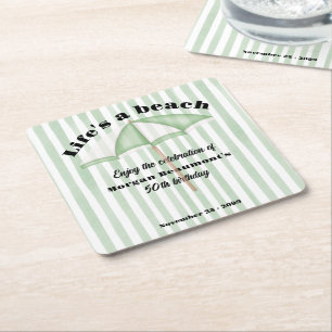 Modern Summer Beach Party Stripes 50th Birthday Square Paper Coaster