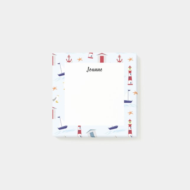 Modern summer beach pattern boats monogrammed post-it notes (Front)