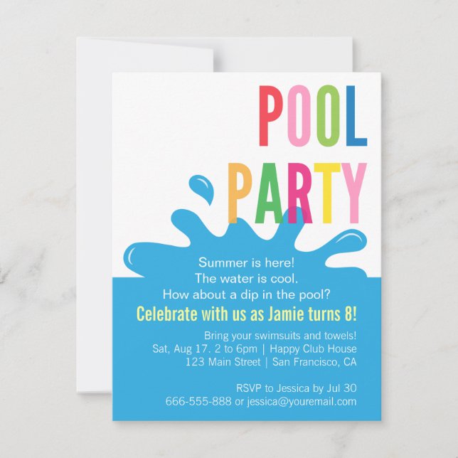 Modern Summer Birthday Pool Party Invitations (Front)