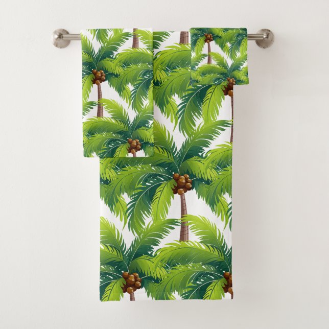 Modern Summer Botanical Palm Leaves on White Bath Towel Set (Insitu)