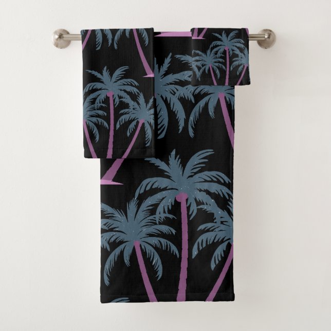 Modern Summer Botanical Three Palm Trees on Black Bath Towel Set (Insitu)
