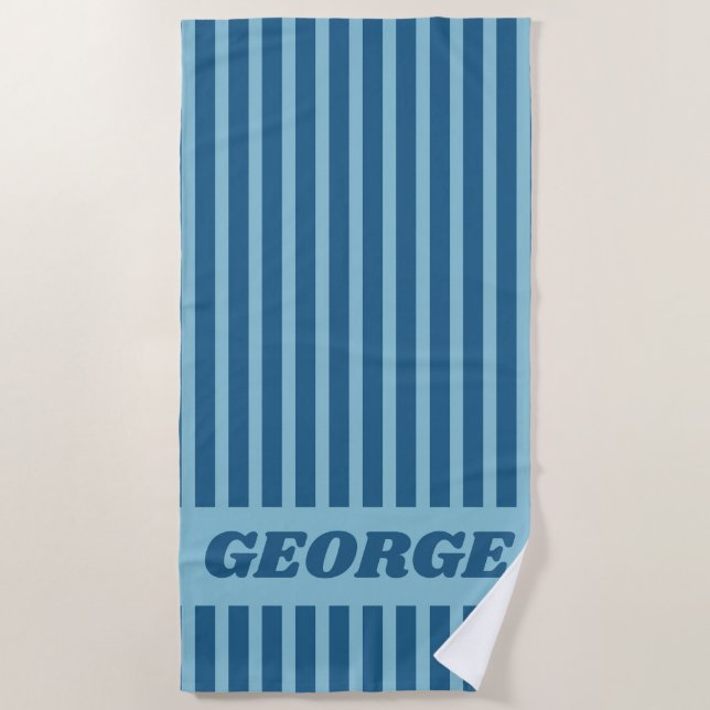 Modern Summer Dark Blue Striped Personalized Beach Towel (Front)