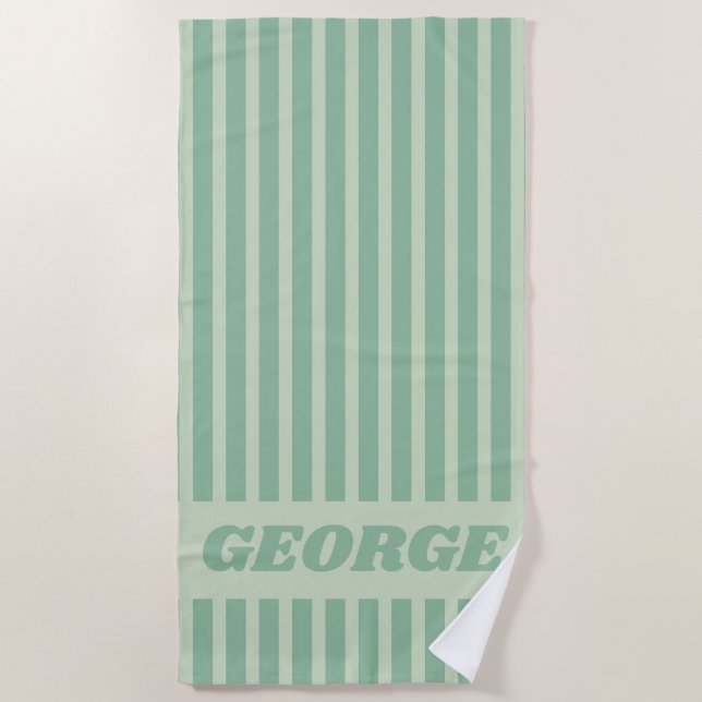 Modern Summer Green Striped Personalized Beach Towel (Front)