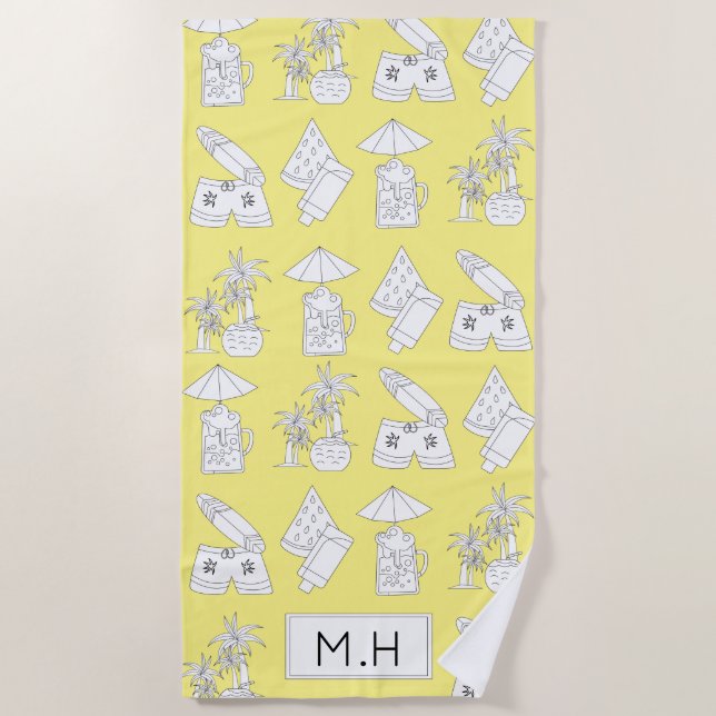 Modern Summer Line Drawings on Yellow Monogram Beach Towel (Front)