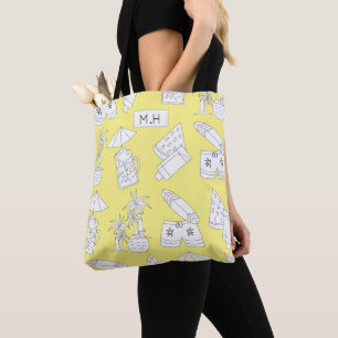 Modern Summer Line Drawings on Yellow Monogram Tote Bag