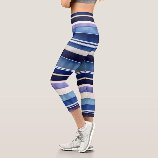 Modern Summer Navy Blue Boat Stripes Collection Capri Leggings (Left)