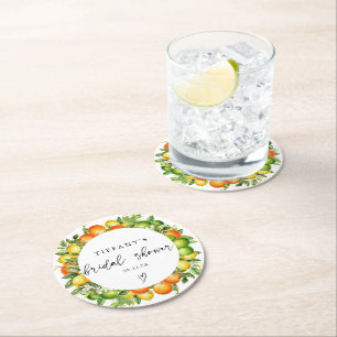 Modern Summer Oranges Lemon Citrus Bridal Shower Round Paper Coaster