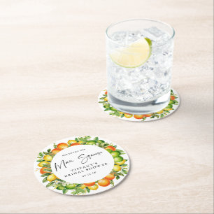 Modern Summer Oranges Lemon Citrus Bridal Shower Round Paper Coaster