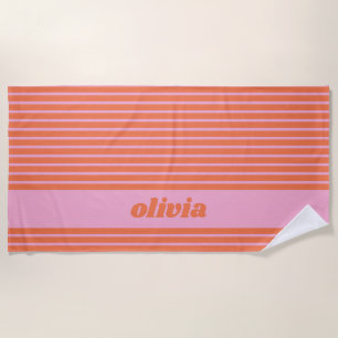 Modern Summer Pink Orange Striped Personalized  Beach Towel