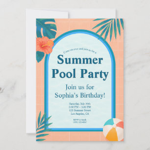 Modern Summer Pool Party Birthday Invitation Peach