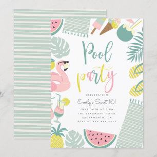 Modern Summer Pool Party Script Sweet 16 Birthday Invitation