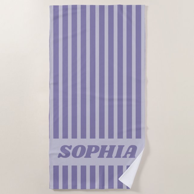 Modern Summer Purple Striped Personalized Beach Towel (Front)