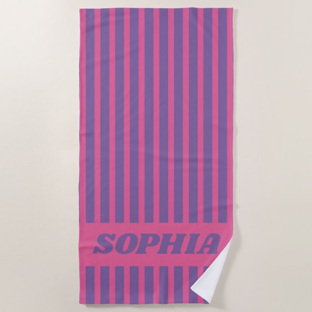 Modern Summer Rose Pink Striped Personalized Beach Towel (Front)