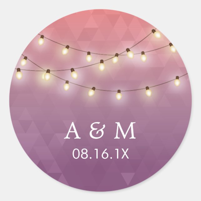 Modern Summer String Lights Purple Wedding Favour Classic Round Sticker (Front)