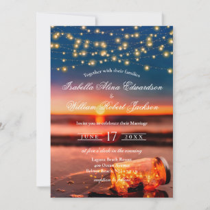 Modern Summer Sunset Beach Mason Jar Wedding Invitation