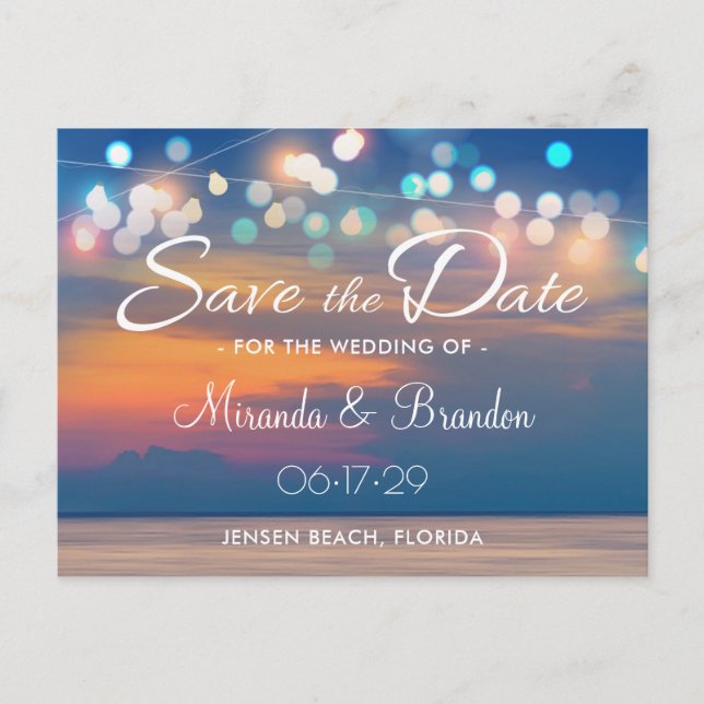 Modern Summer Sunset String Lights Beach Wedding Announcement Postcard (Front)