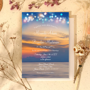 Modern Summer Sunset String Lights Beach Wedding Invitation
