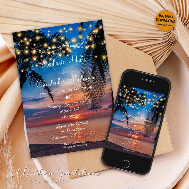 Modern Summer Sunset Tropical Beach Wedding Invitation (Creator Uploaded)