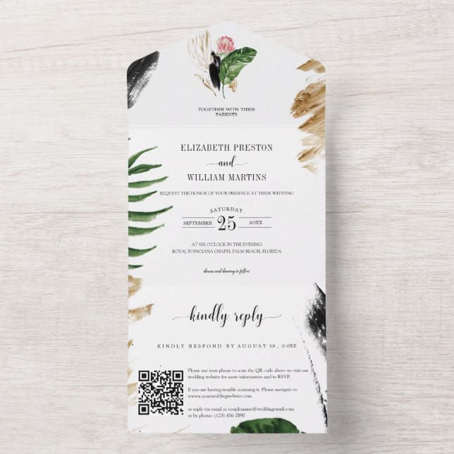 Modern Summer Tropical Leaves Wedding QR Code RSVP All In One Invitation (Inside)