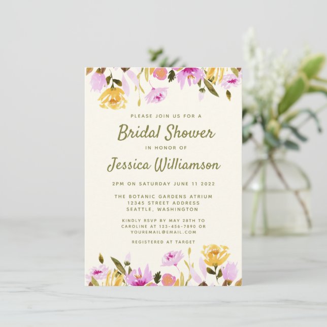 Modern Summer Watercolor Floral Bridal Shower Invitation (Standing Front)