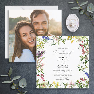 Modern Summer Wildflower Calligraphy Photo Wedding Invitation