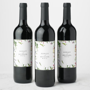 Modern Summer Wildflower Calligraphy Wedding Wine Label