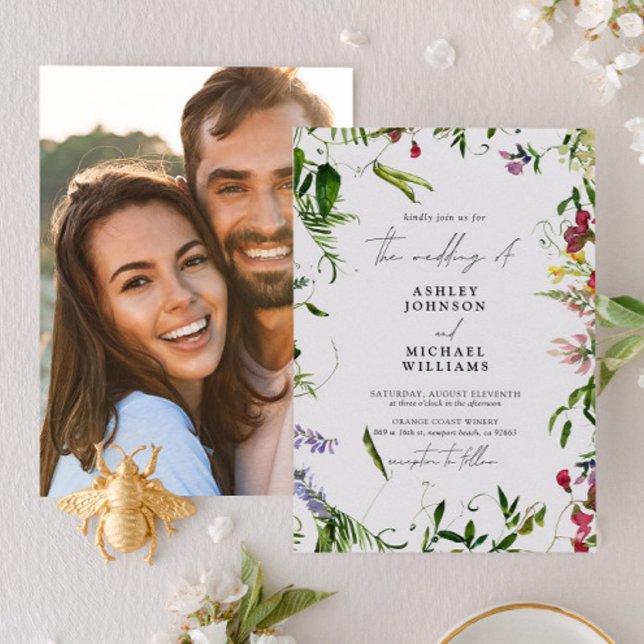 Modern Summer Wildflower Watercolor Photo Wedding Invitation (Creator Uploaded)