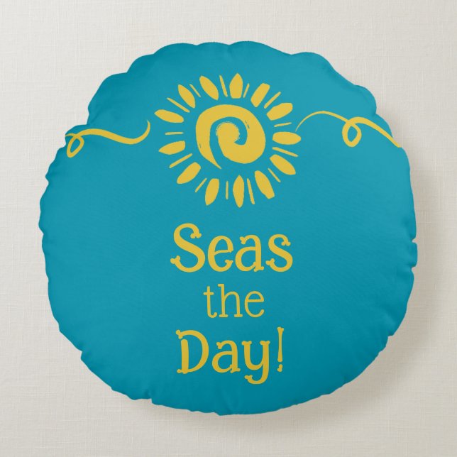 Modern Sun Blue Yellow Beach House Seas Day Quote Round Pillow (Front)