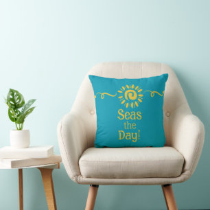 Modern Sun Blue Yellow Beach House Seas Day Quote Throw Pillow