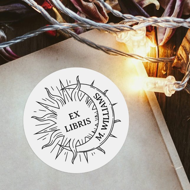 Modern Sun & Moon Personal Library Book Page Paper Classic Round Sticker (Creator Uploaded)