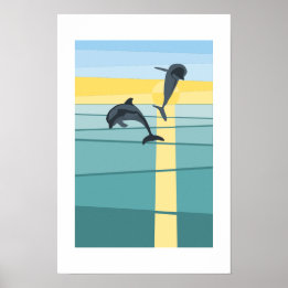 Modern Sun Sea Dolphin in Turquoise Yellow Art  Poster