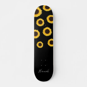 Modern Sunflower Black Personalized Skateboard