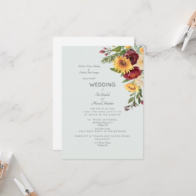 Modern Sunflower Bouquet Both Sets of Parents Invi Invitation (Front/Back In Situ)