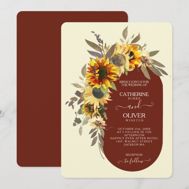 Modern Sunflower Brown Yellow Cream Fall Wedding Invitation (Front/Back)