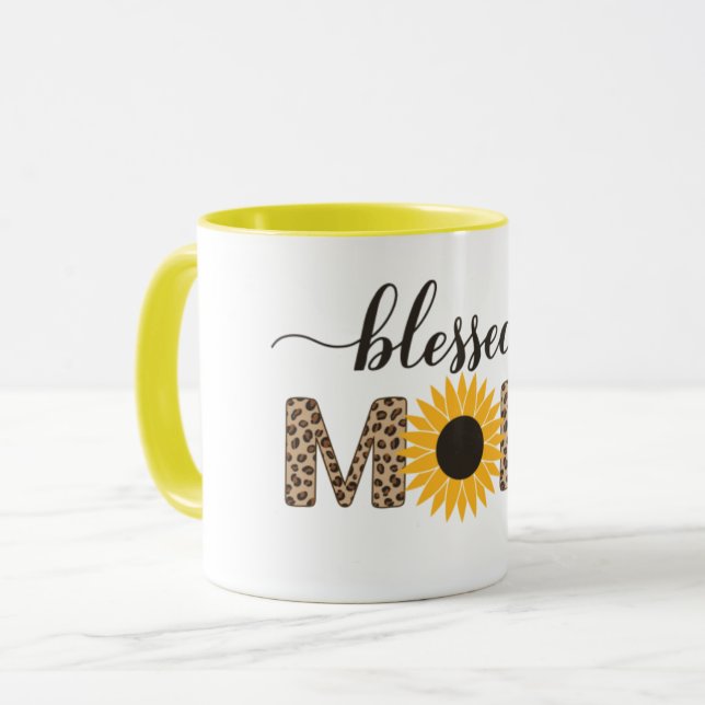 Modern Sunflower & Cheetah Blessed Mom Coffee Mug (Front Left)