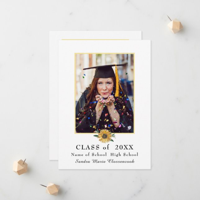 Modern Sunflower floral graduation  Announcement (Front/Back In Situ)