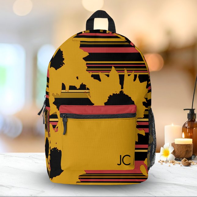 Modern Sunflower Gold Black Orange Monogram Printed Backpack (Creator Uploaded)