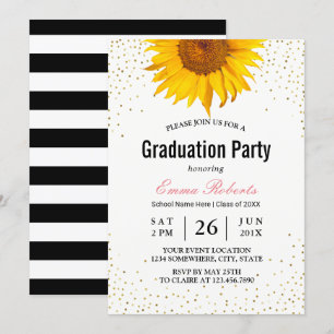 Modern Sunflower Gold Confetti Dots Graduation Invitation