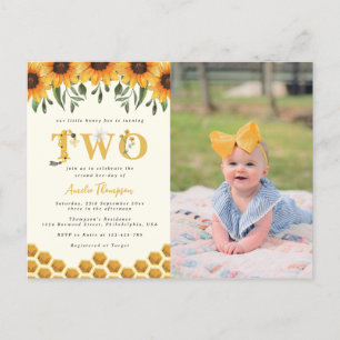 Modern Sunflower Honeycomb Second Bee-day Photo Invitation Postcard