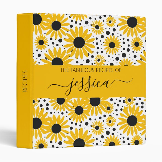Modern sunflower pattern script name Recipe Binder (Front/Spine)