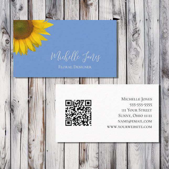 Modern Sunflower QR code Blue Botanical  Business Card (Creator Uploaded)